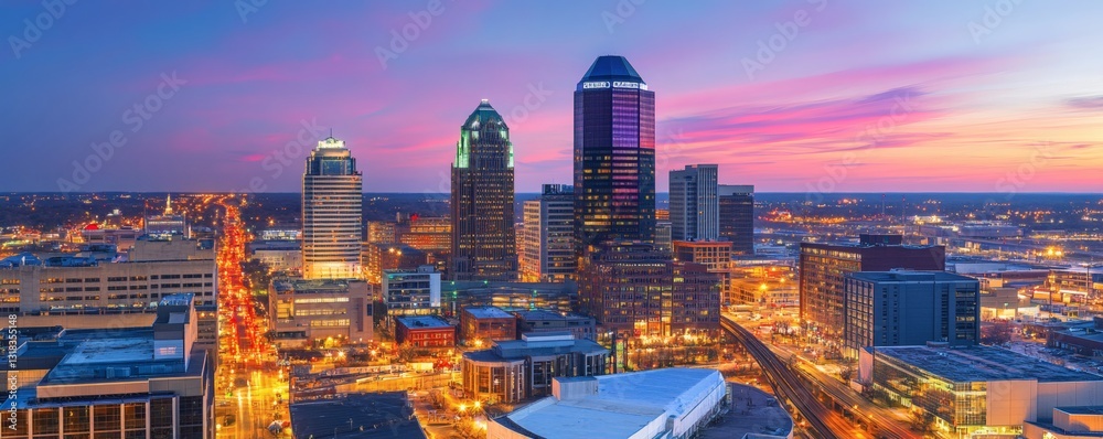 Obraz premium A beautiful urban cityscape with skyscrapers illuminated at twilight