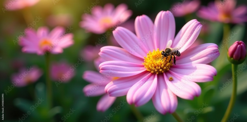 Globe daisy Globularia cordifolia L with a few bees, petals, flower, garden Globe daisy Globularia cordifolia L with a few bees, petals, flower, garden