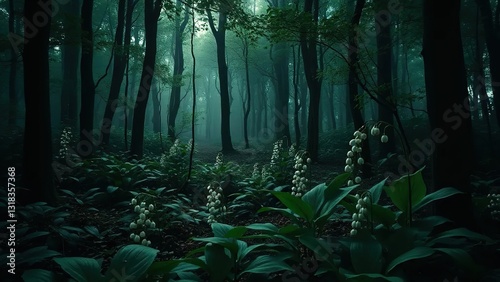 Dark forest foliage with lily of the valley flowers and mist, green, lily of the valley, solitude