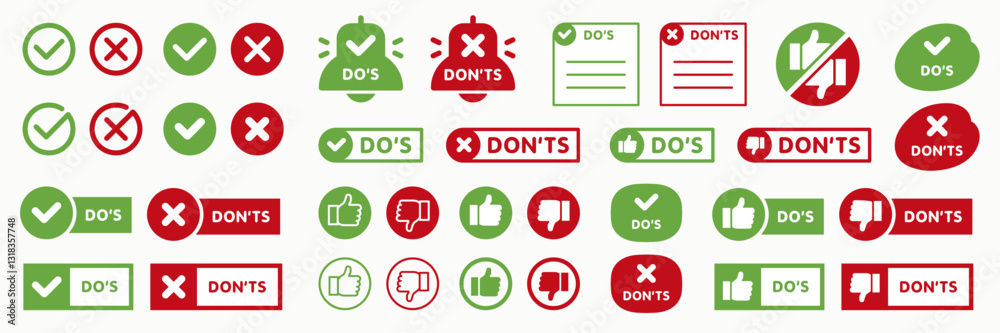 Set of do and don't icon isolated on white background. Thumb up and thumb down button collection. Choice concept design template. Tick and cross, like or dislike symbols. Vector illustration Set of do and don't icon isolated on white background. Thumb up and thumb down button collection. Choice concept design template. Tick and cross, like or dislike symbols. Vector illustration