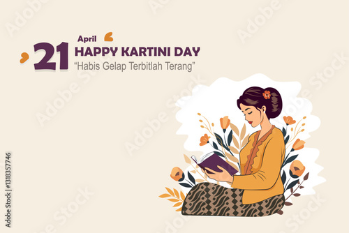 Selamat Hari Kartini Means Happy Kartini Day. Kartini is Indonesian Female Hero. javanese woman figure wearing kebaya traditional dress .Vector Illustration