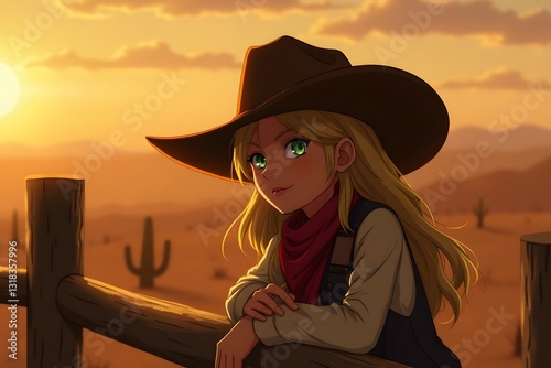 A cowgirl with piercing green eyes leaning against a wooden fence in a desert sunset