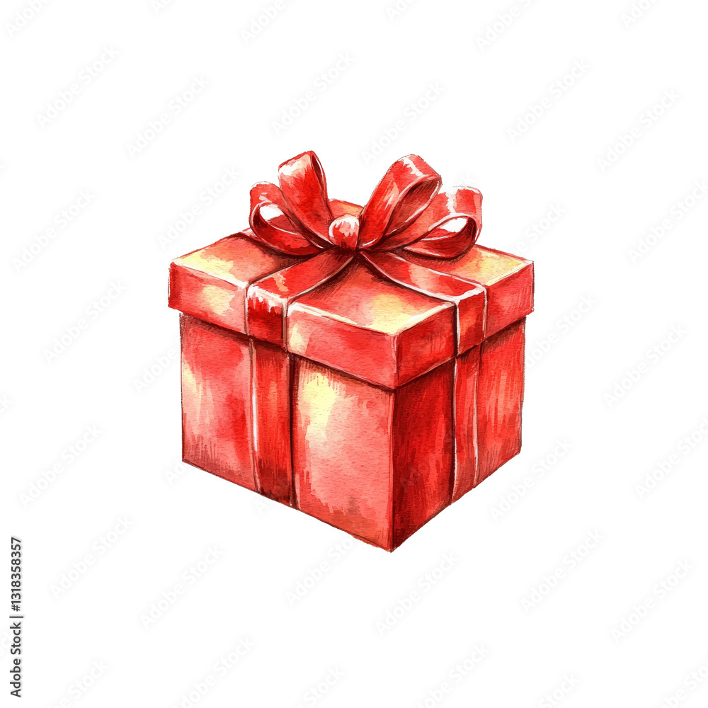 Obraz premium Watercolor red gift box with ribbon isolated png.