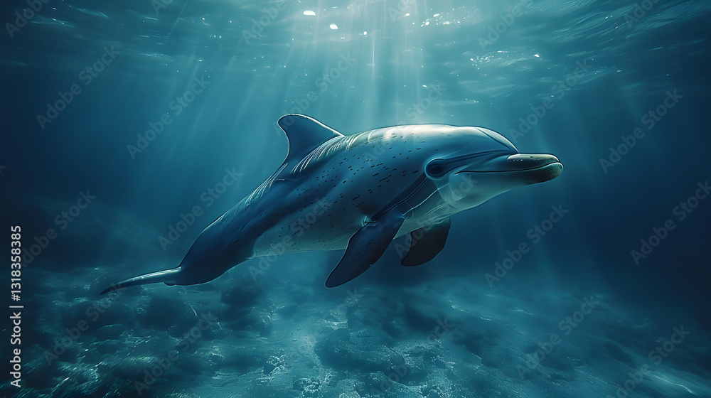 Graceful dolphin swimming through sunlit ocean waters, surrounded by coral reefs and marine life Graceful dolphin swimming through sunlit ocean waters, surrounded by coral reefs and marine life