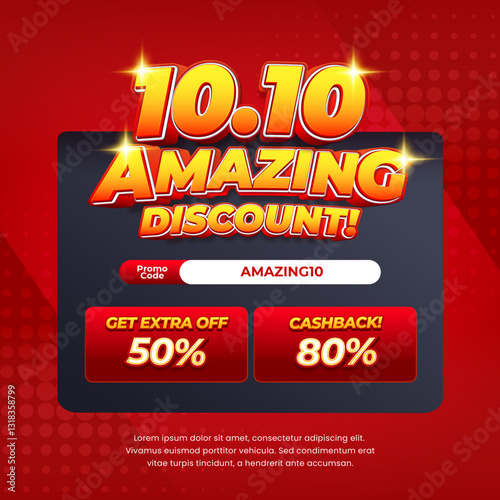 10.10 Amazing Sale discount deals deep red gradient Editable text effect Promo code Extra sale and Cashback Free delivery Red Halftone style Promotional banner flyer Template