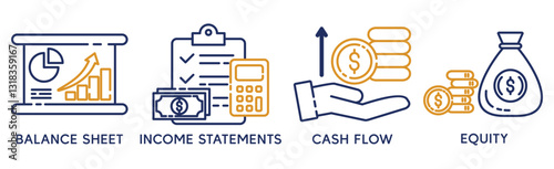 Financial statement banner web icon for business organization, profit, loss, income statement, balance sheet, cash flow and equity. Minimal vector cartoon infographic.