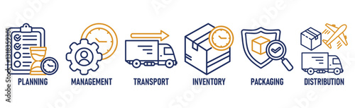Logistics icon set and web header banner with buildings, trucking, people and shipping box