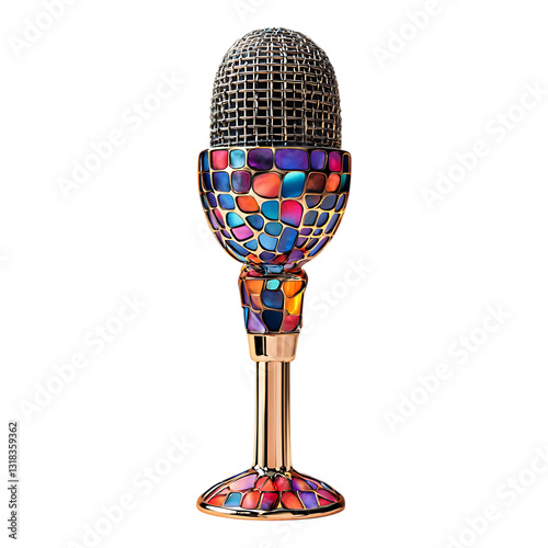 Ornate vintage microphone adorned with colorful mosaic tiles and a gold base, ideal for audio production website banners.