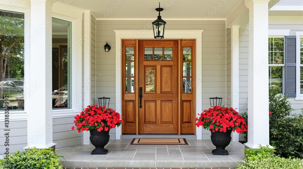 Fototapeta premium Wooden front door with glass panels, red flowers in pots, light gray siding, white columns, and a lantern. Warm and inviting home entrance. Ai generative
