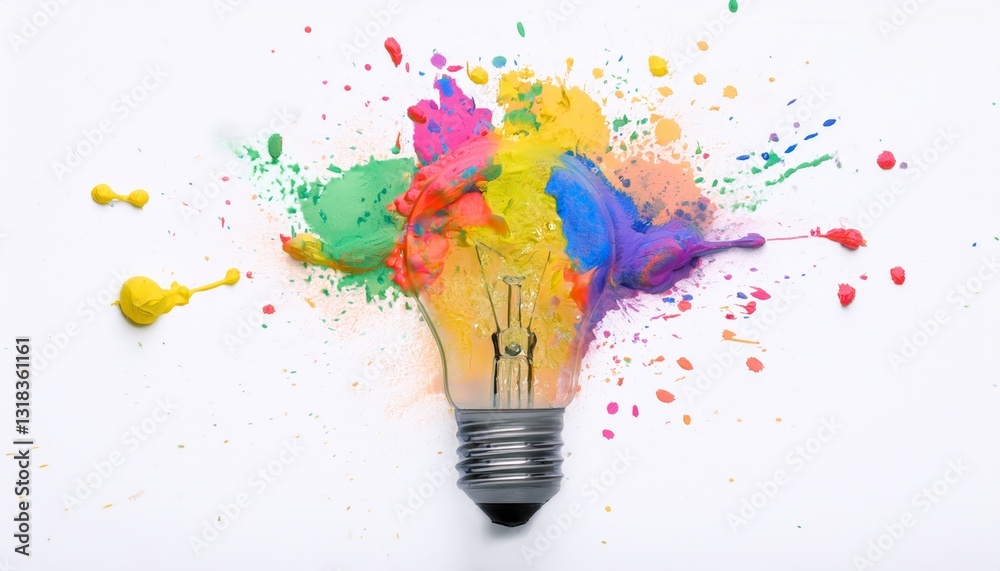Naklejka premium Creative light bulb explodes with colorful paint and splashes
