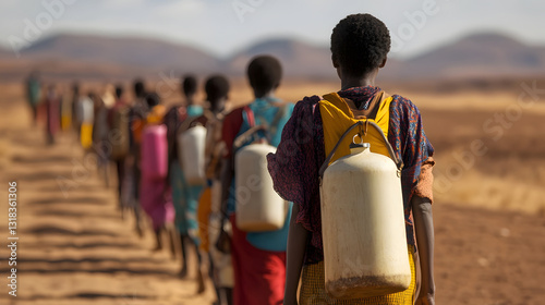 Diverse Group Carrying Water and Supplies Across Arid Desert Terrain for Humanitarian Mission