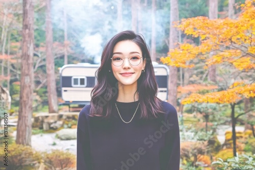 Scenic View of Woman with Glasses in Autumn Forest near Camping Trailer