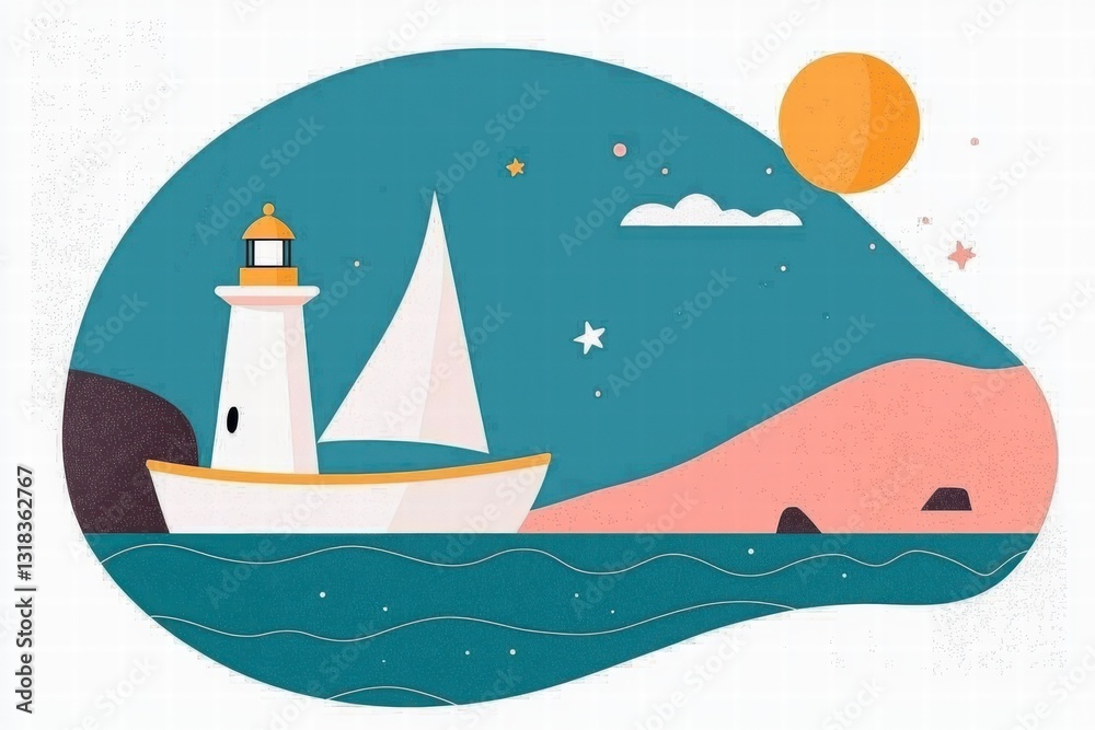 Fototapeta premium Vector Illustration of Yacht Sailing Under Clear Sky with Sun and Coastal Landscape