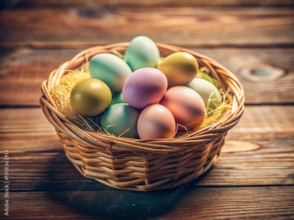 Minimalist Easter Eggs in Woven Basket on Rustic Wooden Table Minimalist Easter Eggs in Woven Basket on Rustic Wooden Table