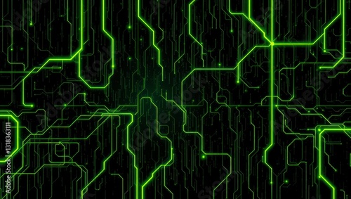 Digital Circuitry Pattern, Green Glow, Dark Background