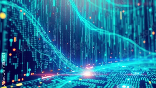 Digital data streams, futuristic city