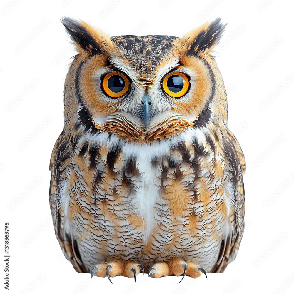 Fototapeta premium An owl with wide eyes and detailed feathers isolated on white background.PNG