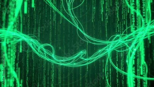 Digital streams swirl in a green code matrix