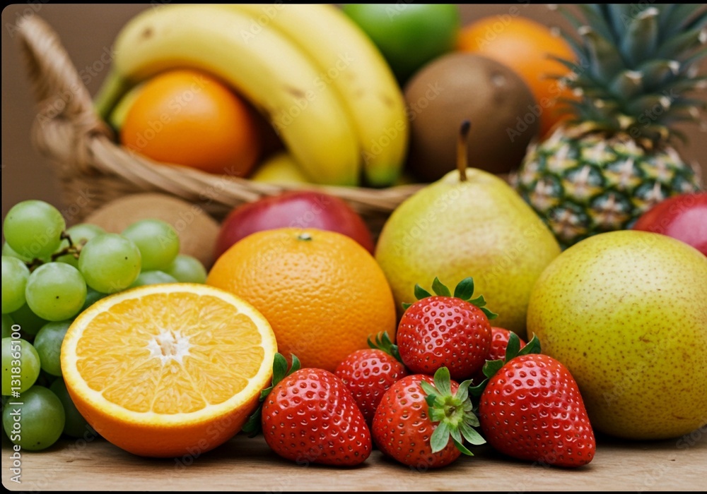 A close-up shot and natural light highlight the colorful arrangement of diverse fruits, including oranges, strawberries, and bananas A close-up shot and natural light highlight the colorful arrangement of diverse fruits, including oranges, strawberries, and bananas