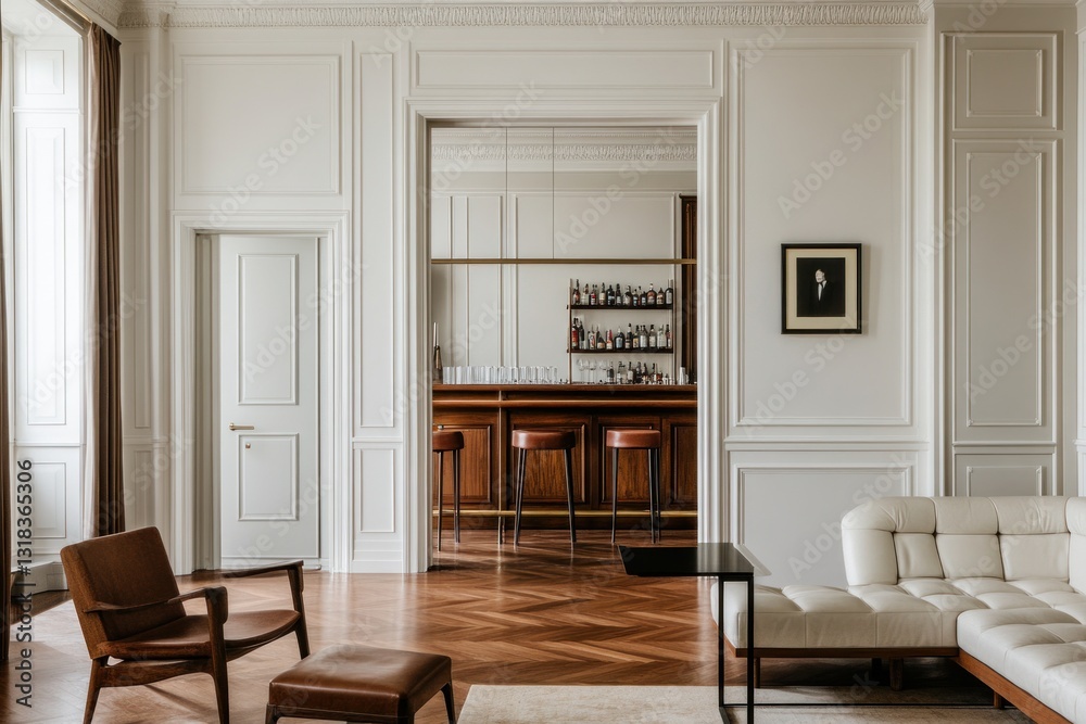 Fototapeta premium Elegant living room with bar area, hardwood floors, and mid-century modern furniture.
