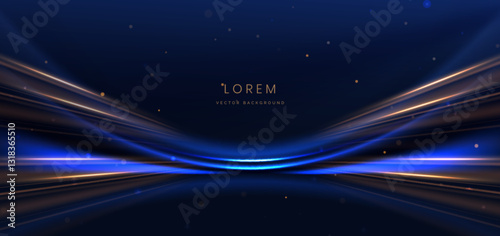 Abstract elegant blue curve and gold line with lighting effect sparkle on blue background.