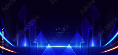 Technology futuristic glowing arrow neon blue light ray on dark blue background.