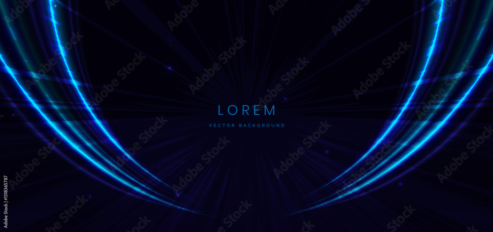 Technology futuristic glowing blue curved ray on dark background. Motion hi-speed concept.