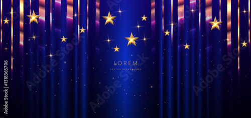 Luxury blue curtain background with golden satr elegant. Happy party celebration.