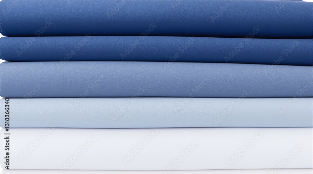 Fototapeta premium A stack of folded fabric in shades of blue and white placed against a plain white background. Smooth texture with a gradient arrangement, concept of textiles. Ai generative