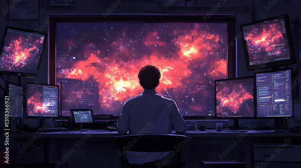 Man Looking At Night Sky Through Pixelated Window Man Looking At Night Sky Through Pixelated Window