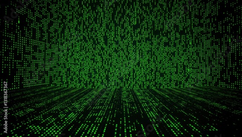Green digital code wall perspective