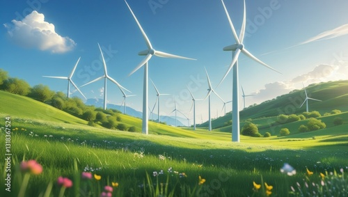 Green energy wind turbines on a grassy hill