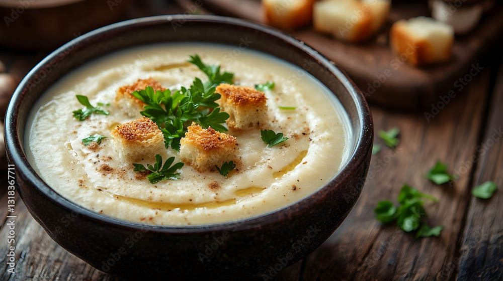 Creamy White Soup with Croutons and Parsley Creamy White Soup with Croutons and Parsley