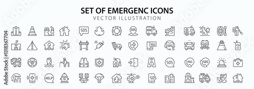 Set of line icons in linear style. Set - Emergency. Sos. Dangerous situation and incident, disaster, accident. Help and salvation.Outline icon collection. Pictogram and infographic. Editable stroke. 