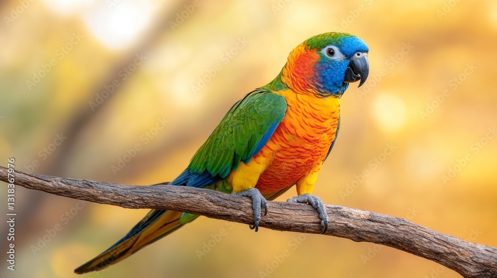 Fototapeta premium Colorful Parrot Perched on Branch in Warm Sunlight