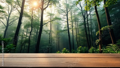 Misty forest scene with wooden table