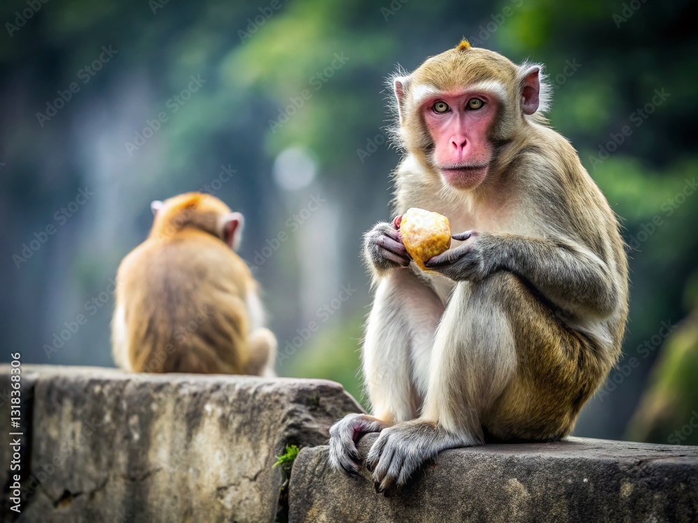 Minimalist Japanese Macaque & Sri Lankan Monkey on Stone: Coconut, Nature, Wildlife Minimalist Japanese Macaque & Sri Lankan Monkey on Stone: Coconut, Nature, Wildlife