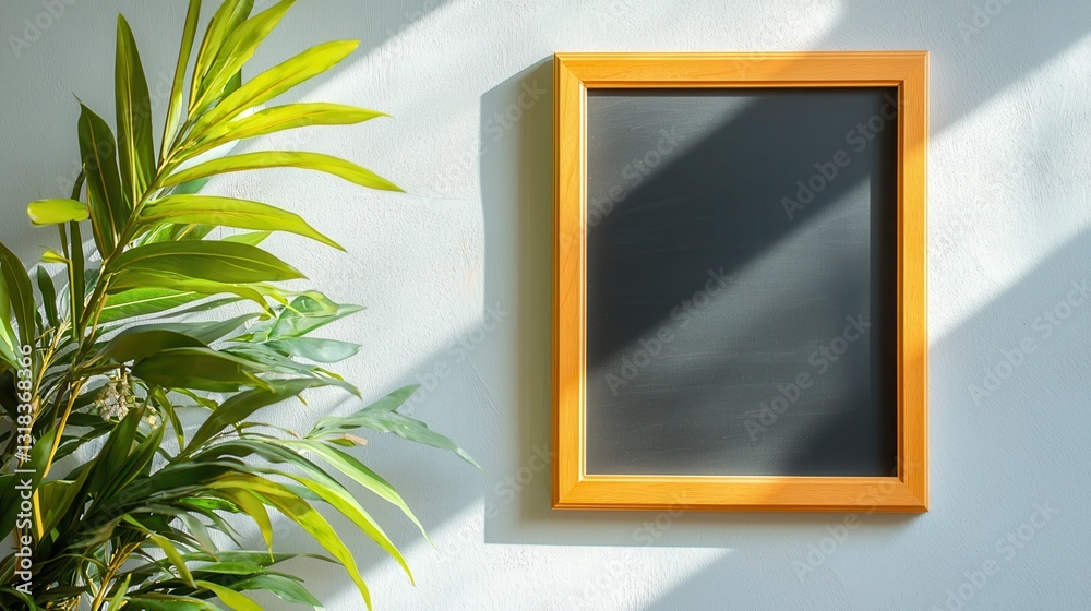 Empty Chalkboard Frame with Sunlight and Decorative Green Plant Empty Chalkboard Frame with Sunlight and Decorative Green Plant