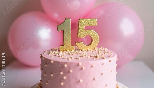 Pink birthday cake with golden 15 topper and balloons, teen celebration background photo