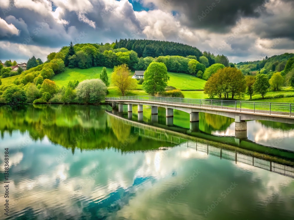Minimalist Lake Robertville Bridge, Waimes Belgium: Cloudy Day Reflection Minimalist Lake Robertville Bridge, Waimes Belgium: Cloudy Day Reflection