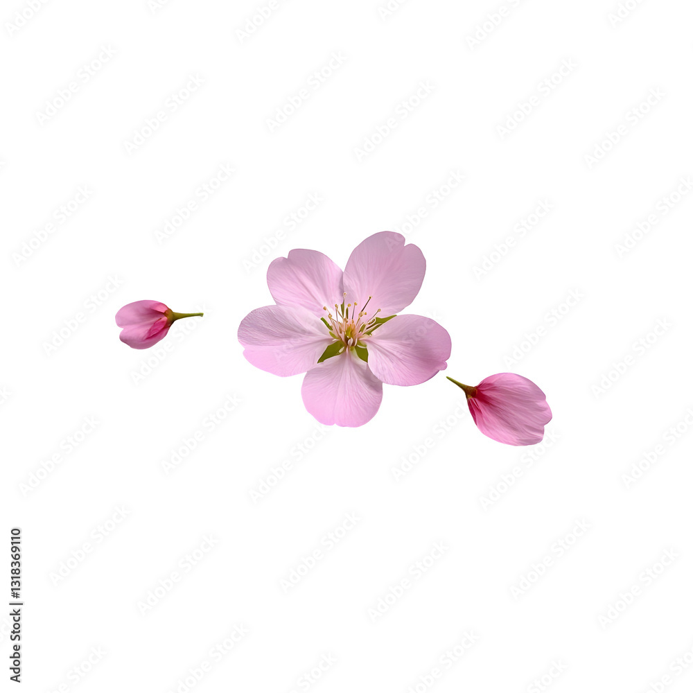 A delicate pink cherry blossom petal floating in mid-air A delicate pink cherry blossom petal floating in mid-air