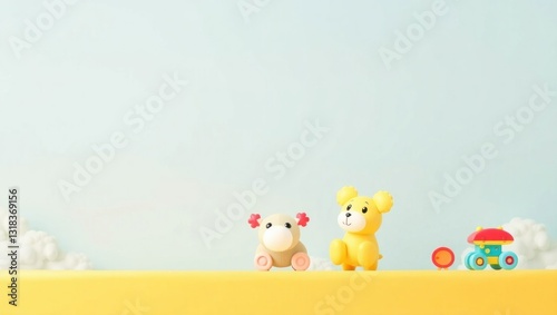 Pastel-toned toys on a sunny backdrop