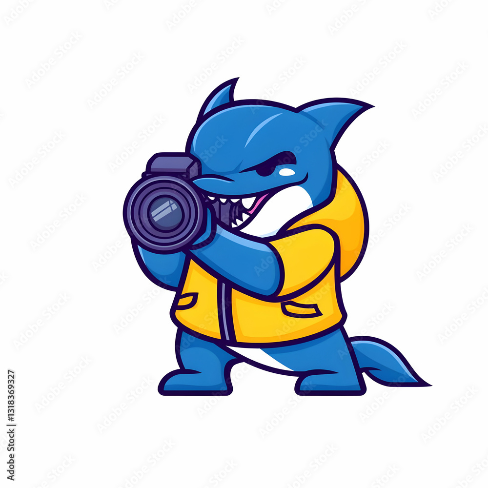 Obraz premium Cartoon Shark Character Holding Camera in Stylish Yellow Jacket