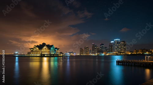 illuminated sky and outside of waterfront buiding,generative.ai
