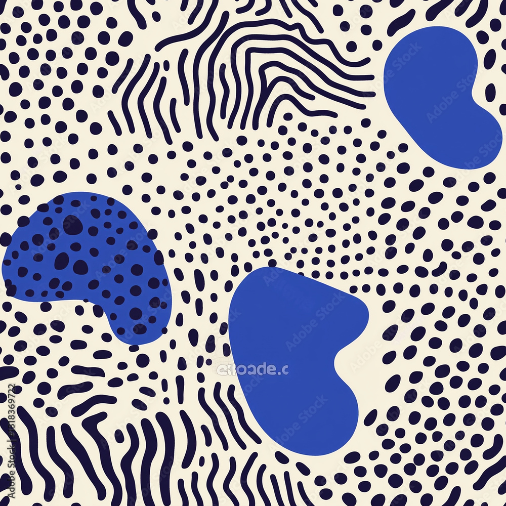 Fototapeta premium Minimalist abstract pattern with blue shapes, black dots and lines on beige background. Modern design for textile, print, web, banner, wallpaper.