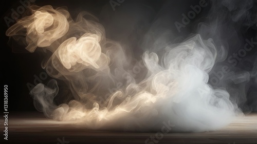 Smoky plumes on wooden surface in dark studio