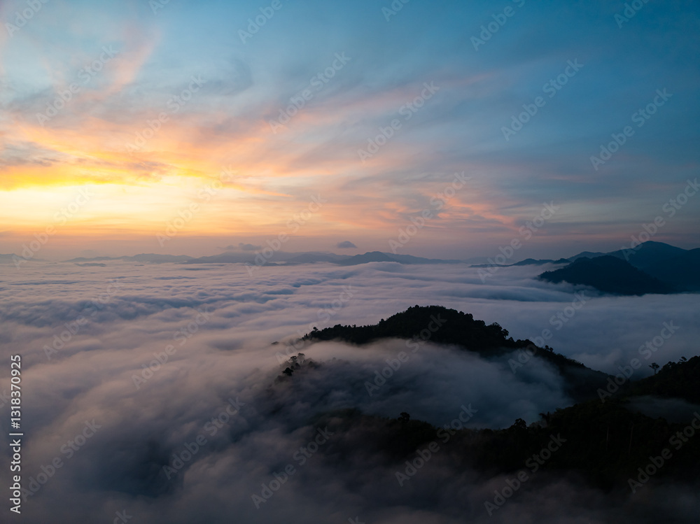 Drone aerial view of landscape fog over mountains in sunrise sky,High angle view over countryside at Southeast asia,Phang Nga Thailand,Wide angle view nature landscape Drone aerial view of landscape fog over mountains in sunrise sky,High angle view over countryside at Southeast asia,Phang Nga Thailand,Wide angle view nature landscape