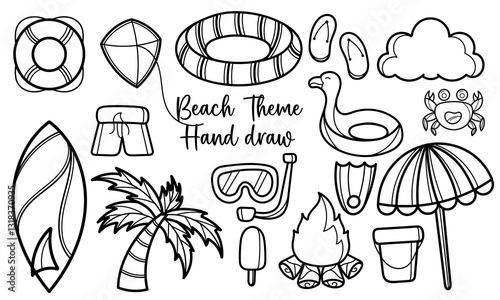 hand drawn with a beach theme on white background