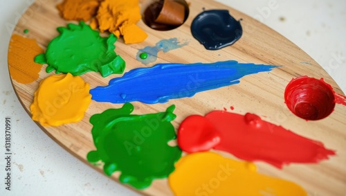 Used wooden art palette with various colors