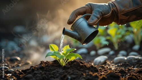 Watering young plant in garden at sunrise